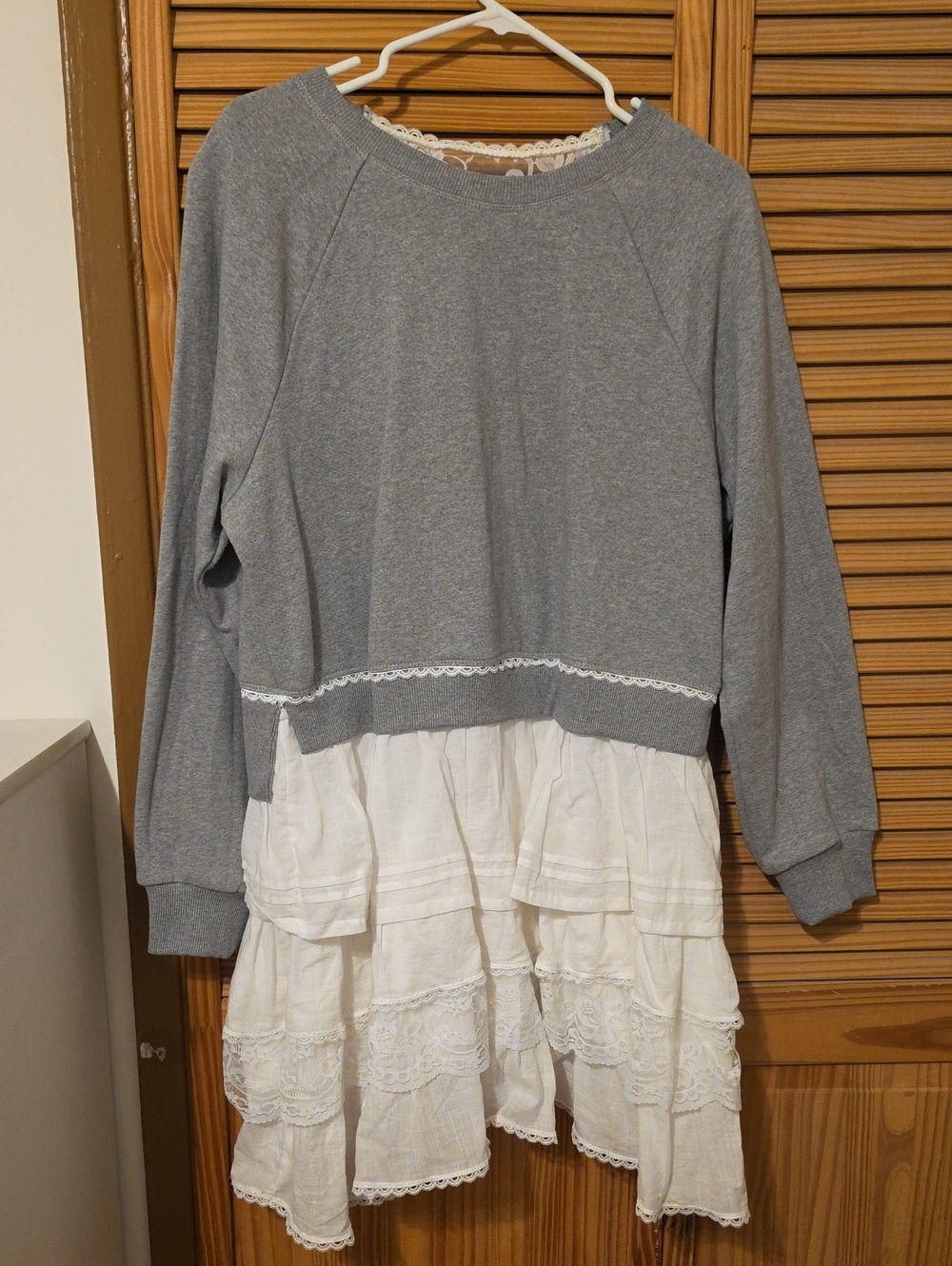 Anthropologie Grey Pullover with White Tiered Lace Skirt